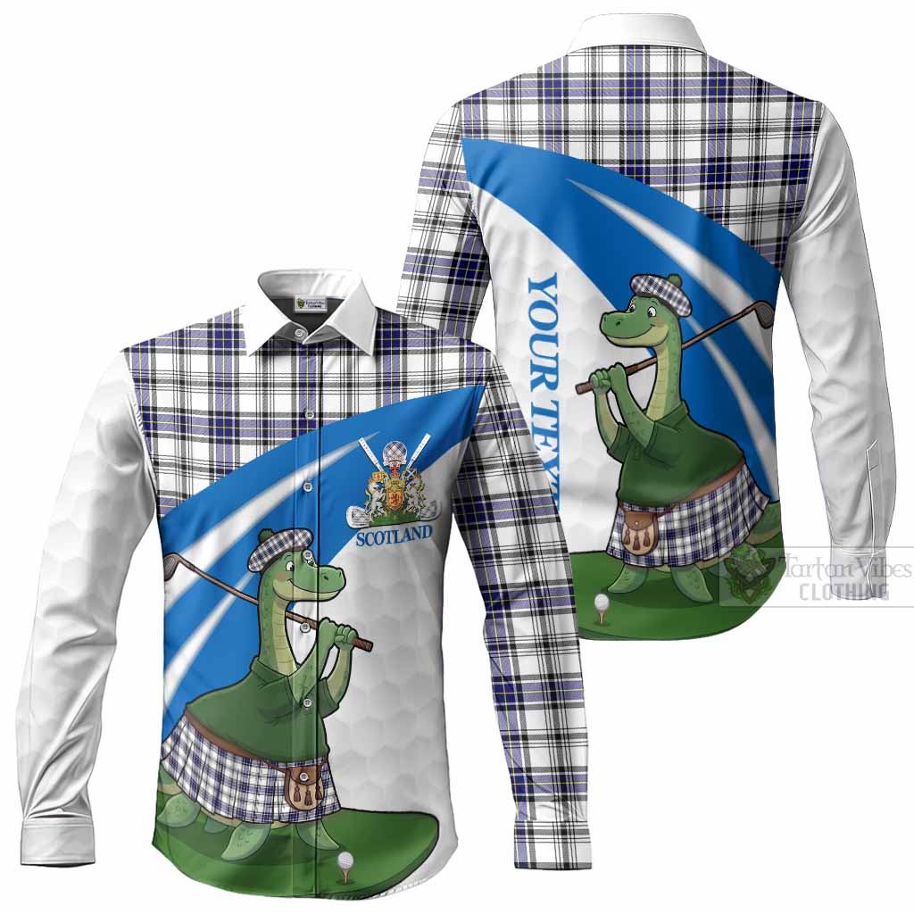 Hannay Tartan Crest Golf Nessie Long Sleeve Button Shirts Loch Ness Monster Sporty Style