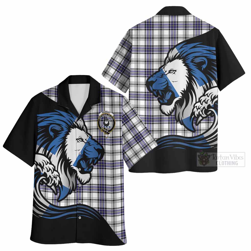 Hannay Tartan Crest Hawaiian Shirt Scottish Golden Lions Wave Flow