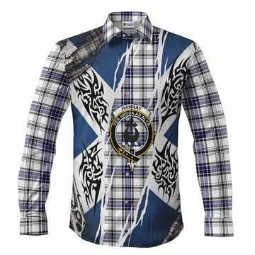 Hannay Tartan Crest Long Sleeve Button Shirts Scotland Flag Ripped Tribal Design