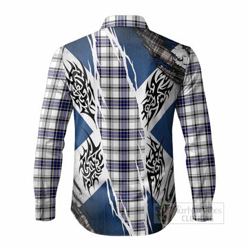 Hannay Tartan Crest Long Sleeve Button Shirts Scotland Flag Ripped Tribal Design
