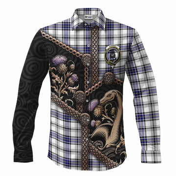 Hannay Tartan Crest Long Sleeve Button Shirts Scottish Thistle Loch Ness Monster