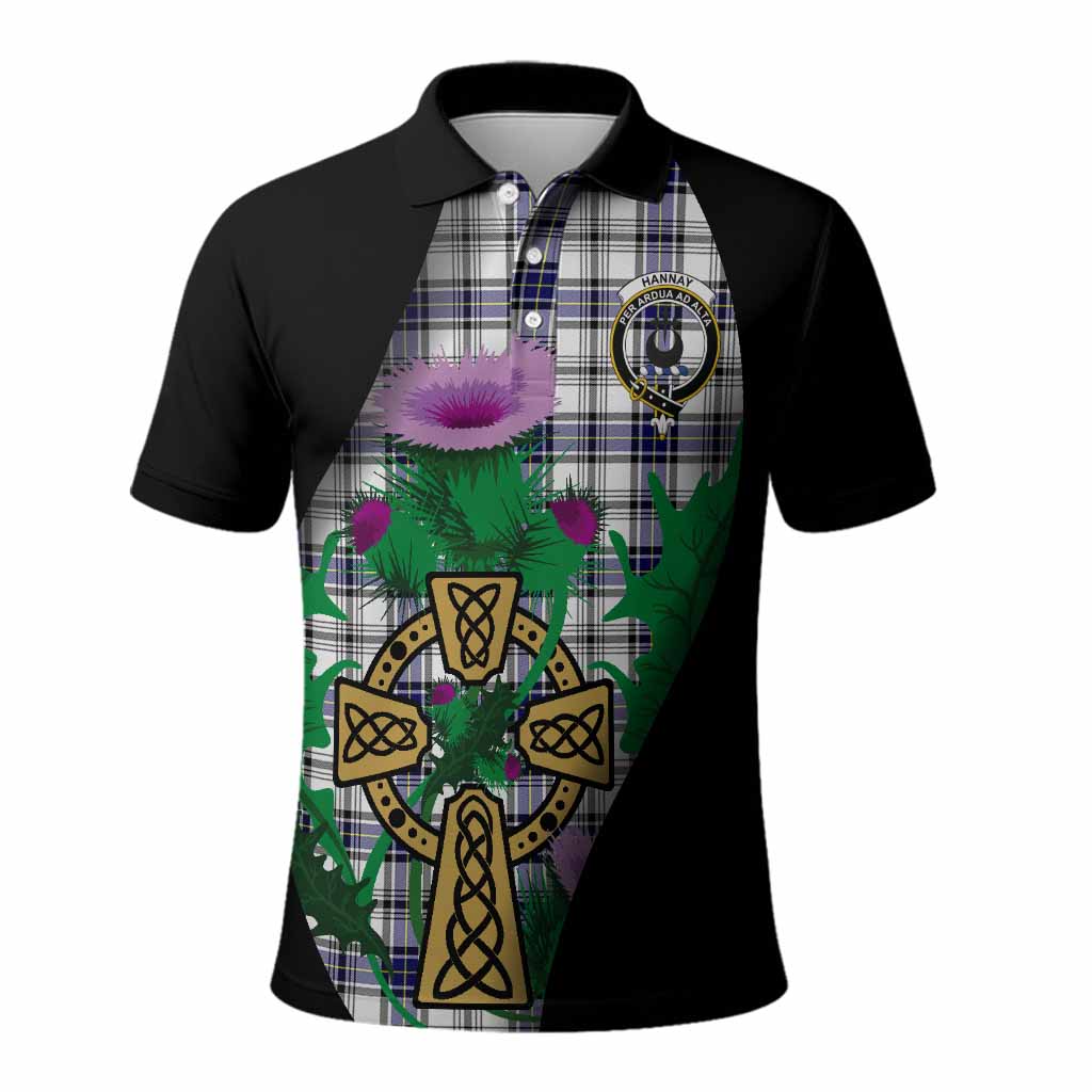 Hannay Tartan Crest Polo Shirt Celtic Cross Thistle Flowers