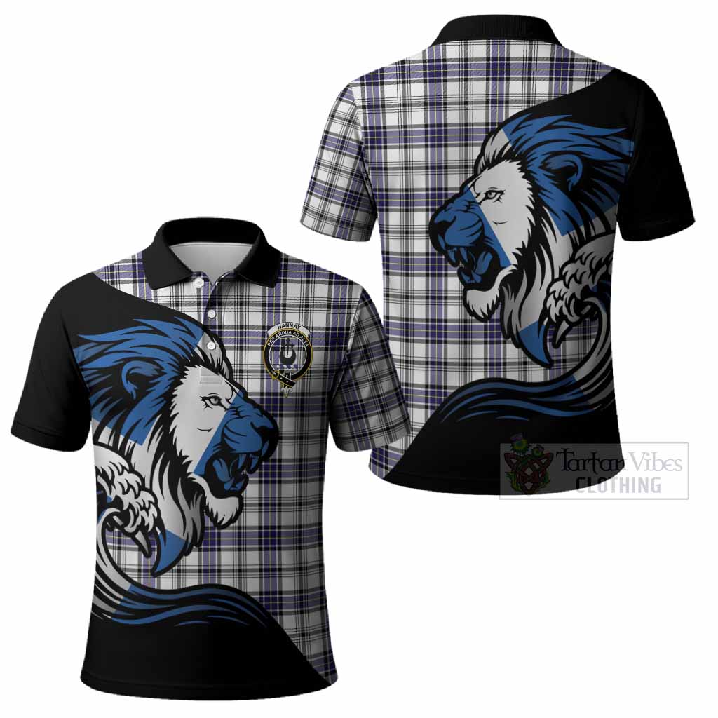 Hannay Tartan Crest Polo Shirt Scottish Golden Lions Wave Flow