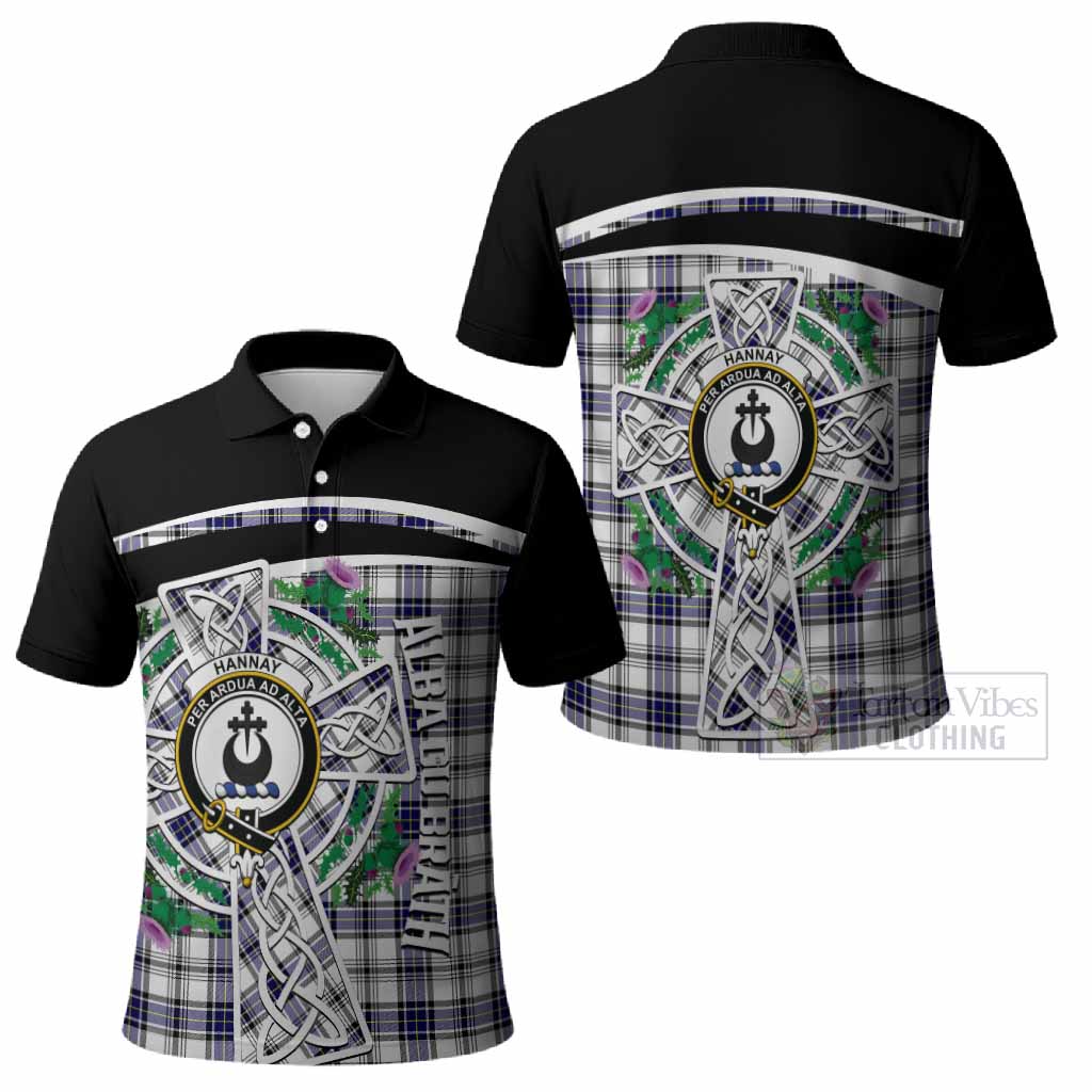 Hannay Tartan Crest Polo Shirt Scottish Thistle Celtic Cross Alba Gu Brath