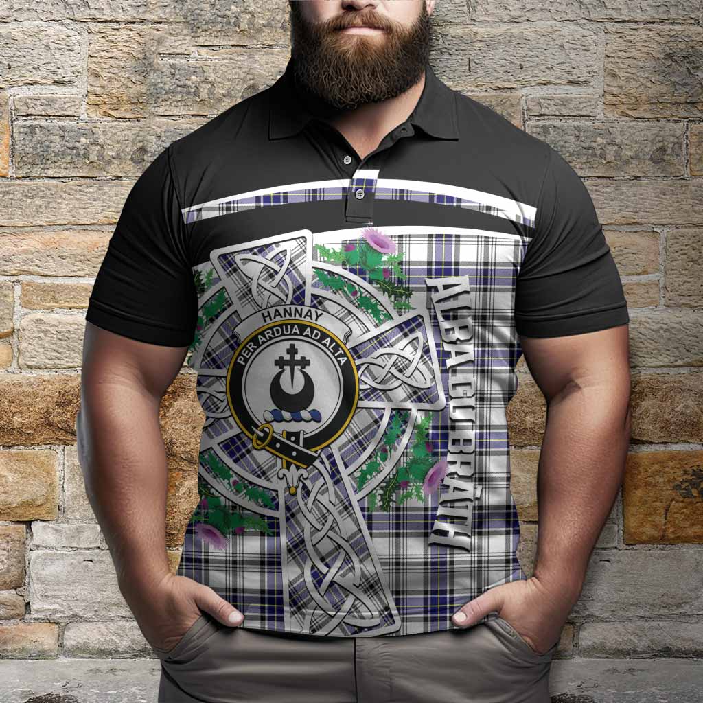 Hannay Tartan Crest Polo Shirt Scottish Thistle Celtic Cross Alba Gu Brath