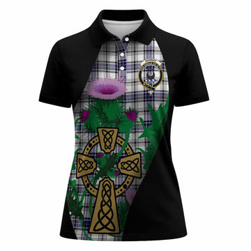 Hannay Tartan Crest Women Polo Shirt Celtic Cross Thistle Flowers