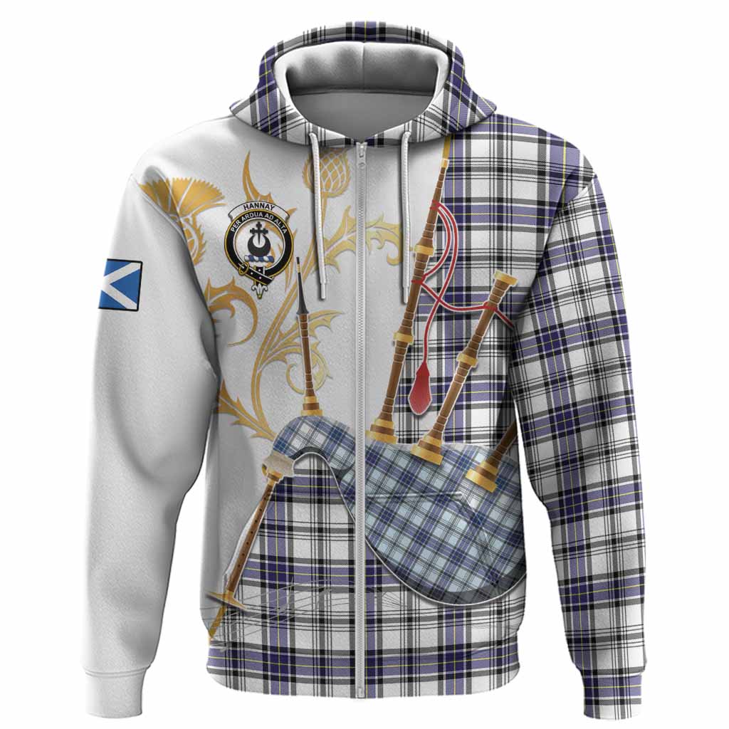 Hannay Tartan Family Crest Hoodie Bagpipes with Scottish Thistle