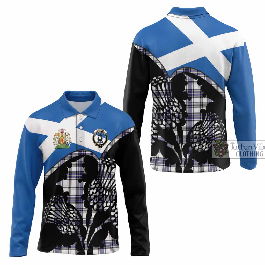 Hannay Tartan Family Crest Long Sleeve Polo Shirt Scotland Thistle Floral Flag Style