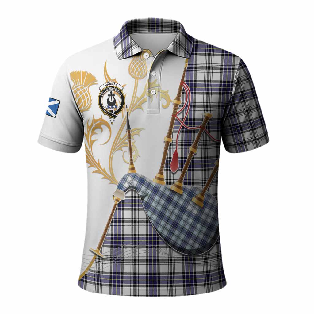 Hannay Tartan Family Crest Polo Shirt Bagpipes with Scottish Thistle