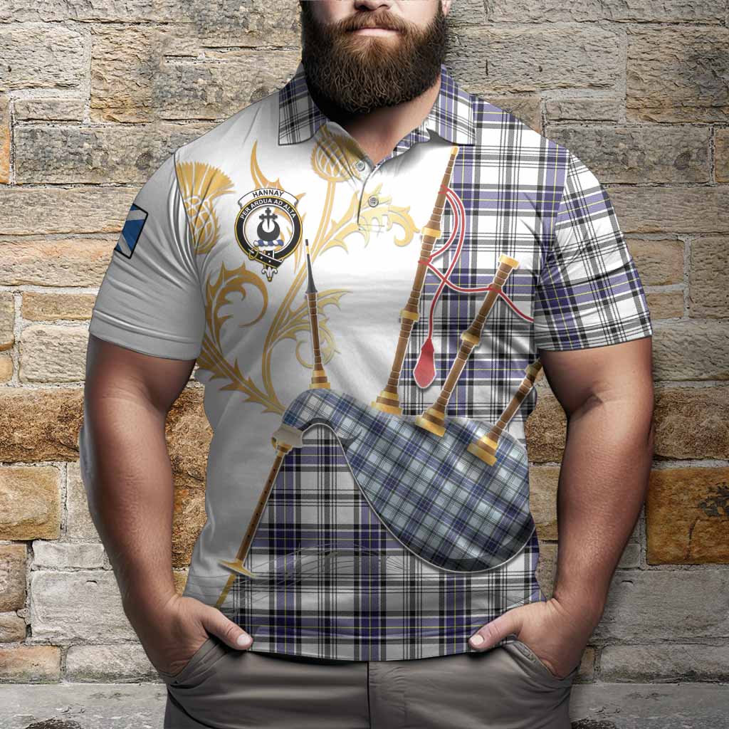 Hannay Tartan Family Crest Polo Shirt Bagpipes with Scottish Thistle