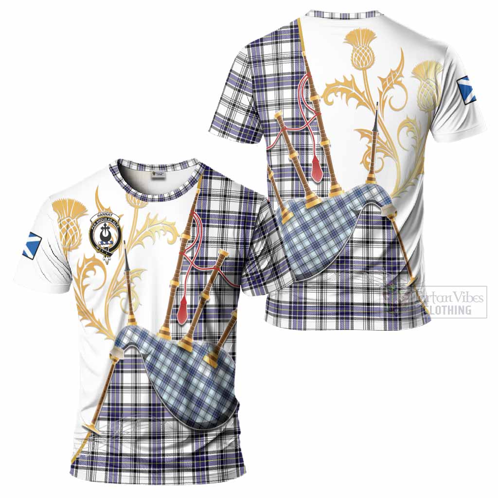 Hannay Tartan Family Crest T-Shirt Bagpipes with Scottish Thistle