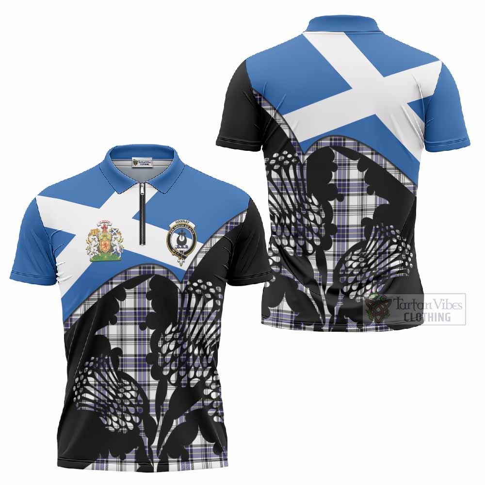 Hannay Tartan Family Crest Zipper Polo Shirt Scotland Thistle Floral Flag Style