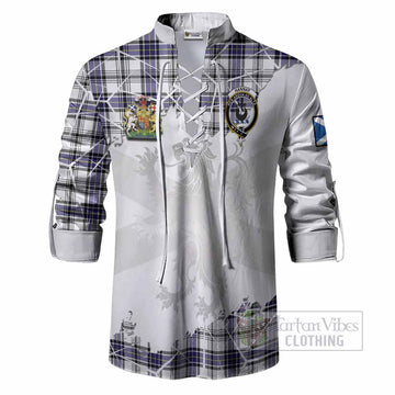 Hannay Tartan Ghillie Shirt with Family Crest and Lion Rampant Grunge Style