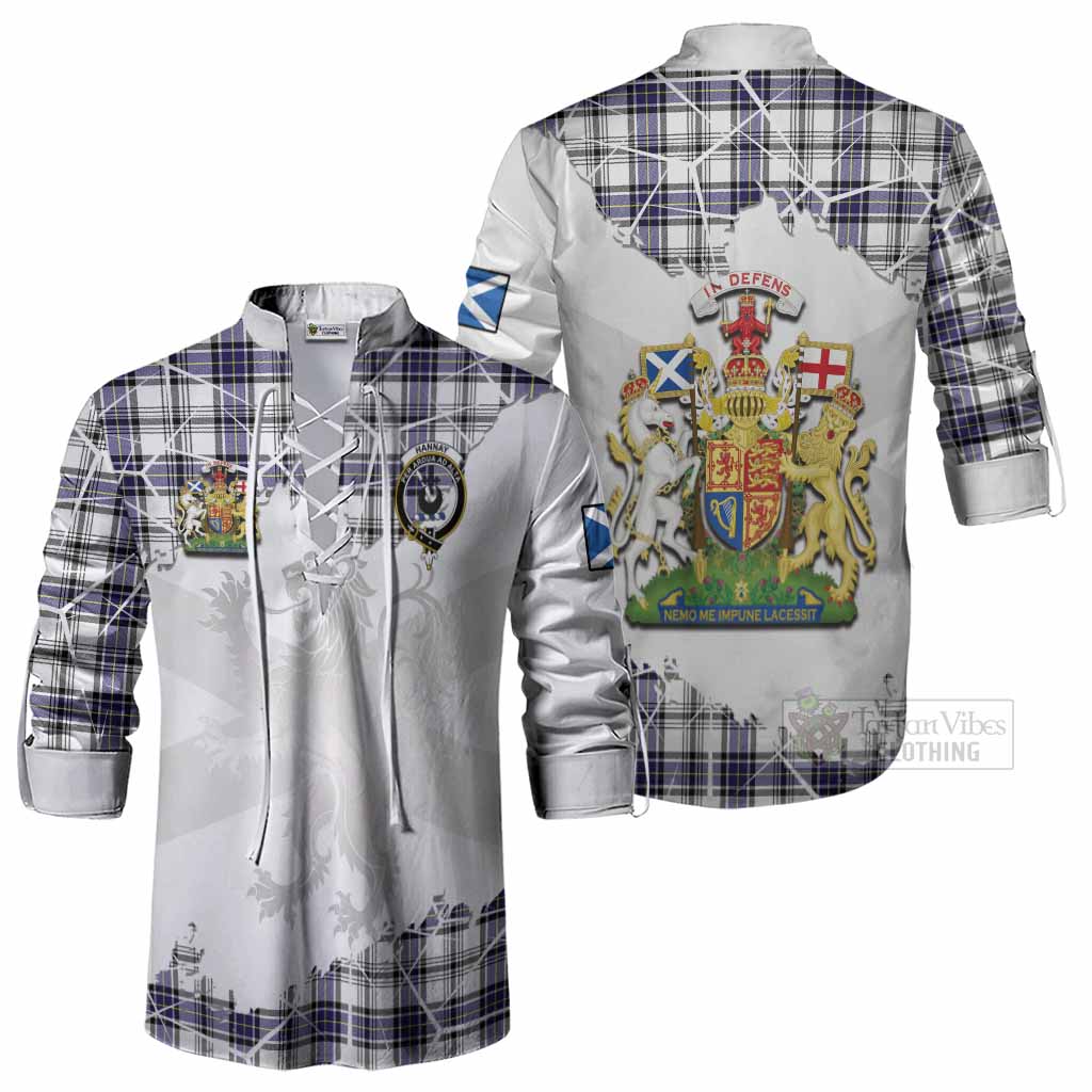 Hannay Tartan Ghillie Shirt with Family Crest and Lion Rampant Grunge Style