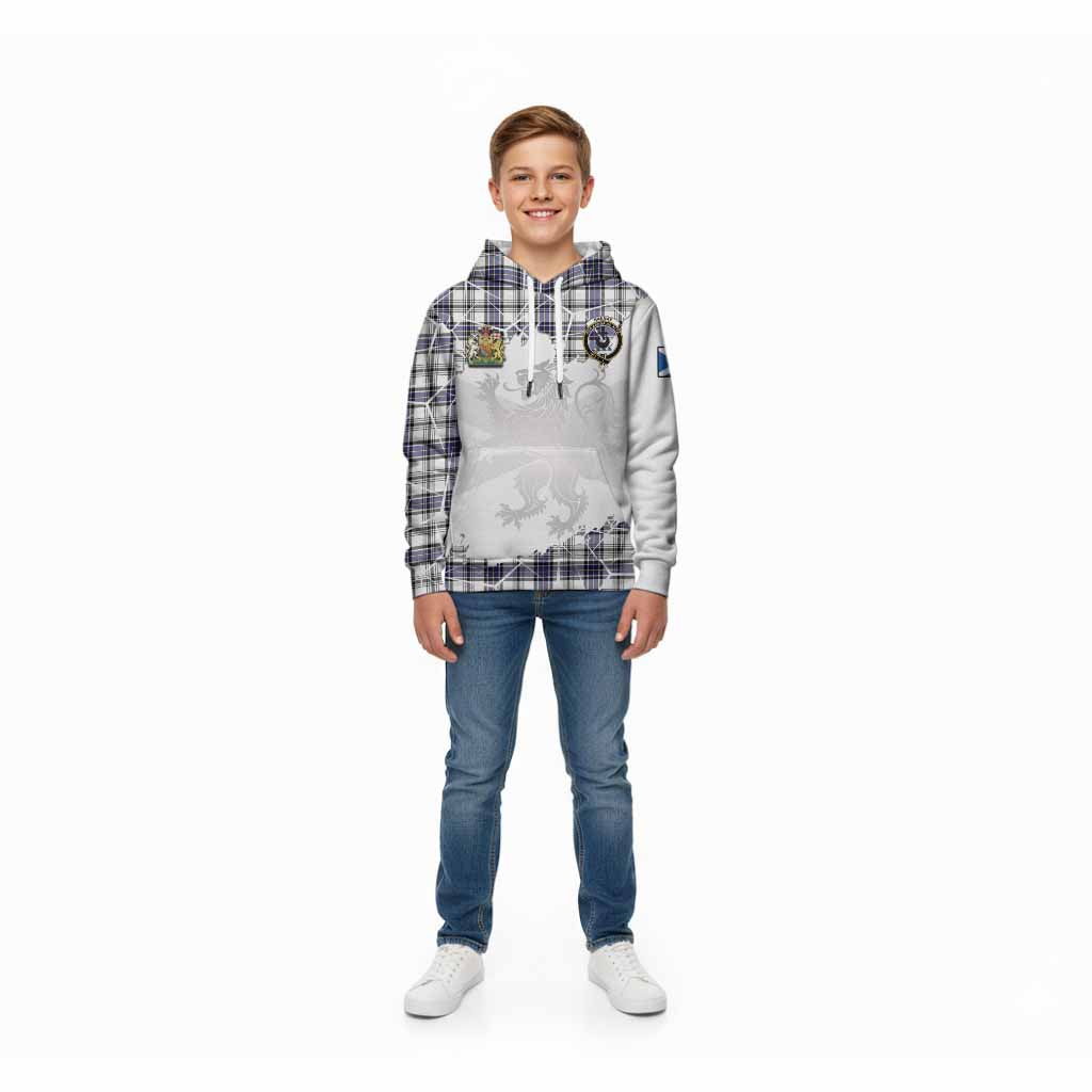 Hannay Tartan Kid Hoodie with Family Crest and Lion Rampant Grunge Style