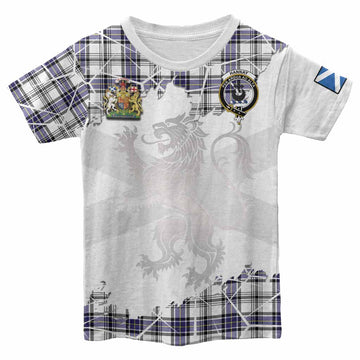 Hannay Tartan Kid T-shirt with Family Crest and Lion Rampant Grunge Style