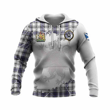 Hannay Tartan Knitted Hoodie with Family Crest and Lion Rampant Grunge Style