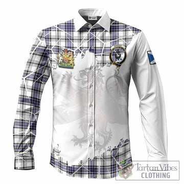 Hannay Tartan Long Sleeve Button Shirts with Family Crest and Lion Rampant Grunge Style