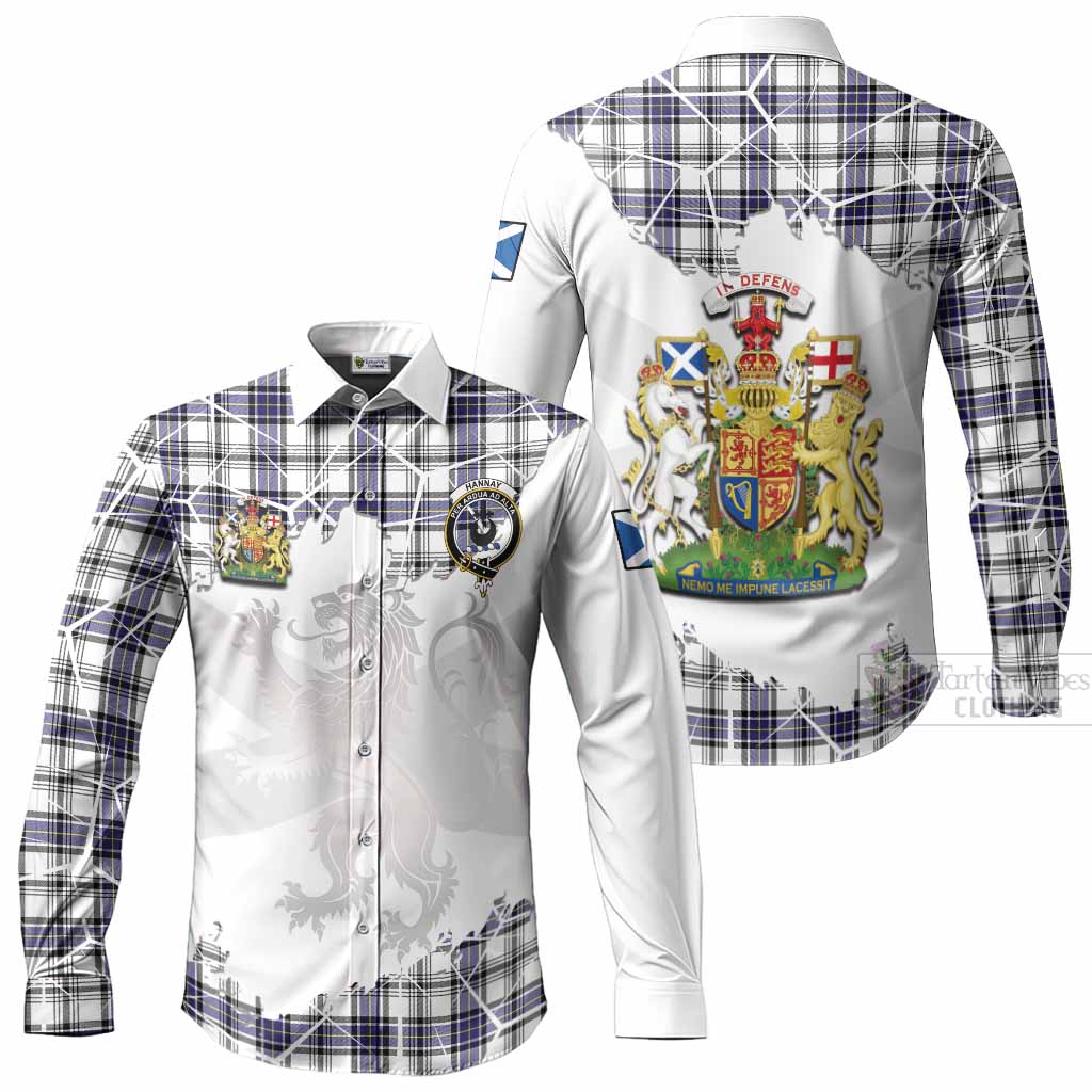 Hannay Tartan Long Sleeve Button Shirts with Family Crest and Lion Rampant Grunge Style