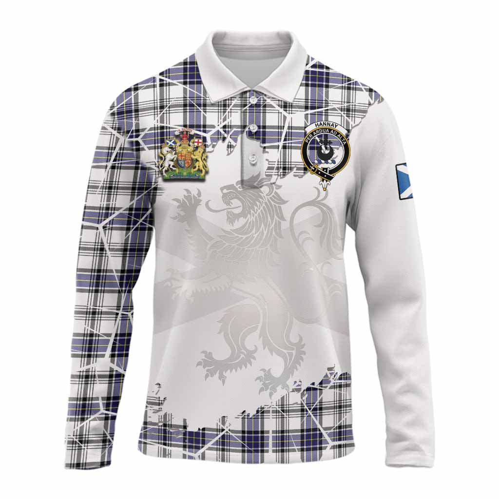 Hannay Tartan Long Sleeve Polo Shirt with Family Crest and Lion Rampant Grunge Style