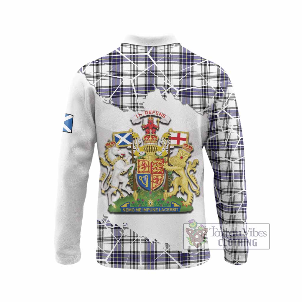 Hannay Tartan Long Sleeve Polo Shirt with Family Crest and Lion Rampant Grunge Style