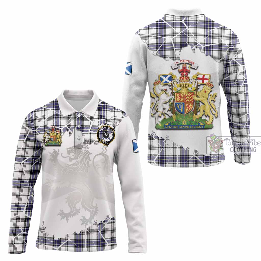 Hannay Tartan Long Sleeve Polo Shirt with Family Crest and Lion Rampant Grunge Style