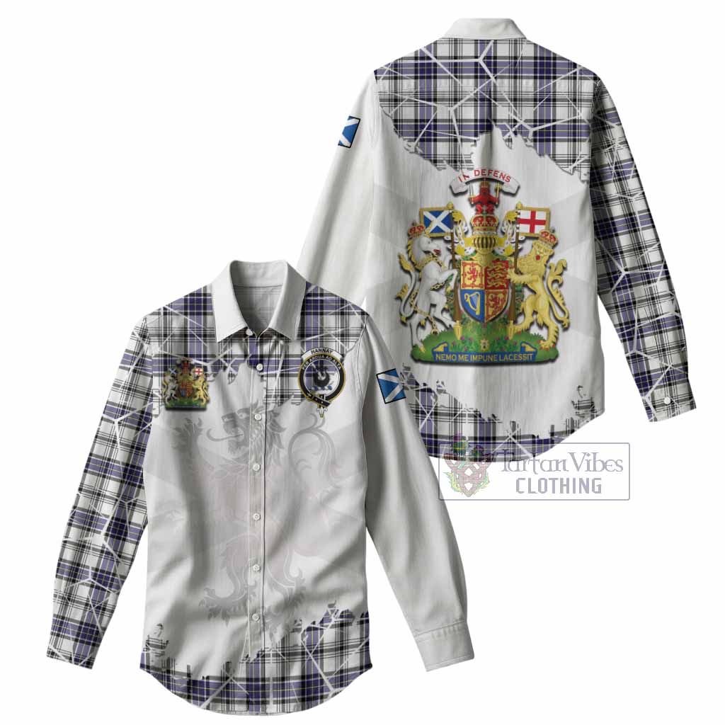 Hannay Tartan Women Casual Shirt with Family Crest and Lion Rampant Grunge Style
