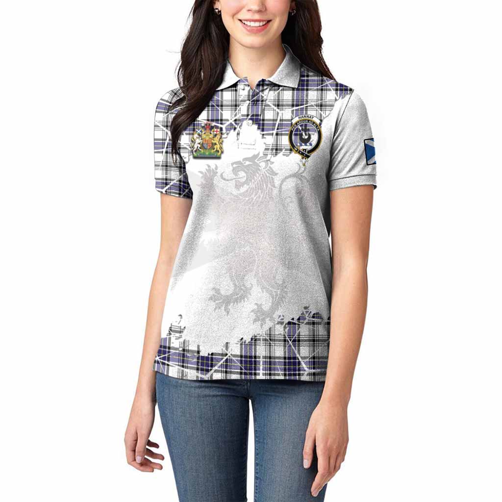 Hannay Tartan Women Polo Shirt with Family Crest and Lion Rampant Grunge Style