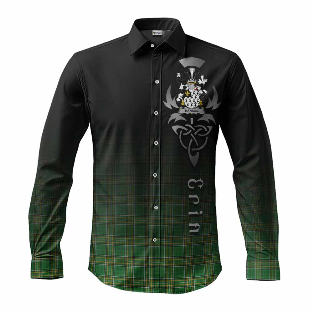 Tartan Vibes Clothing Hanson Irish Clan Long Sleeve Button Shirt with Coat of Arms Erin Go Bragh Celtic Inspired