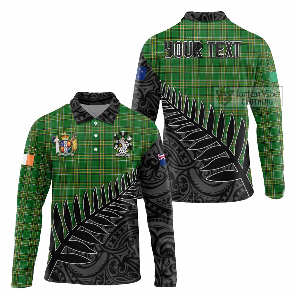 Tartan Vibes Clothing Hanson Irish Clan Tartan Long Sleeve Polo Shirt with Coat of Arms New Zealand Silver Fern Half Style
