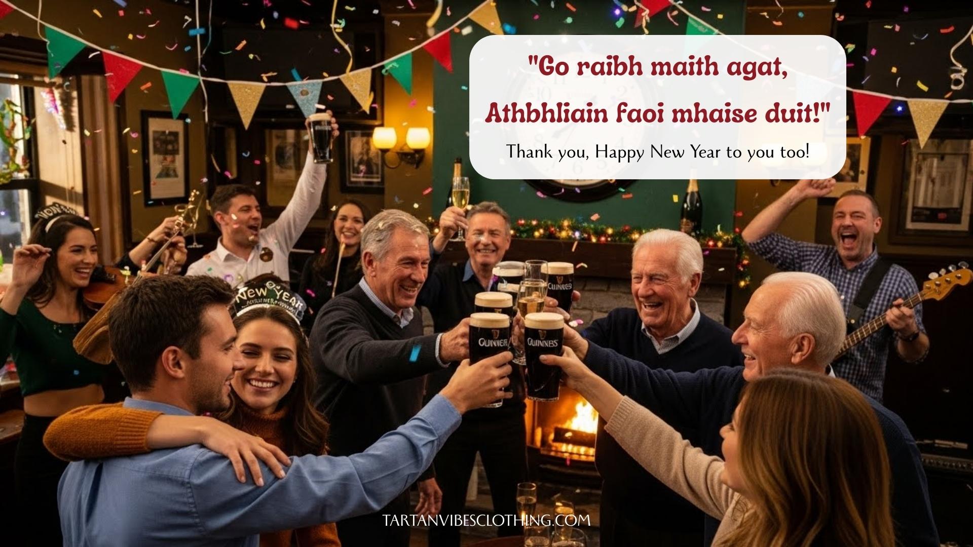Group of people cheering with Guinness and champagne in a festive pub decorated for New Year’s Eve.