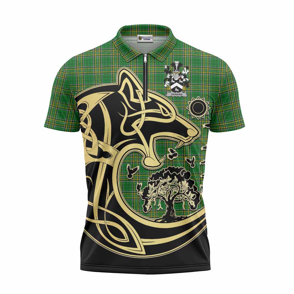 Harman Irish Tartan Zipper Polo Shirt with Coat of Arms Celtic Wolf Style Unisex - Tartan Vibes Clothing