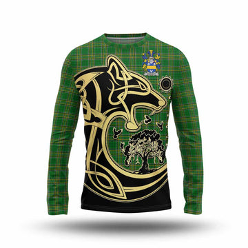 Harnett Irish Tartan Long Sleeve T-Shirt with Coat of Arms Celtic Wolf Style