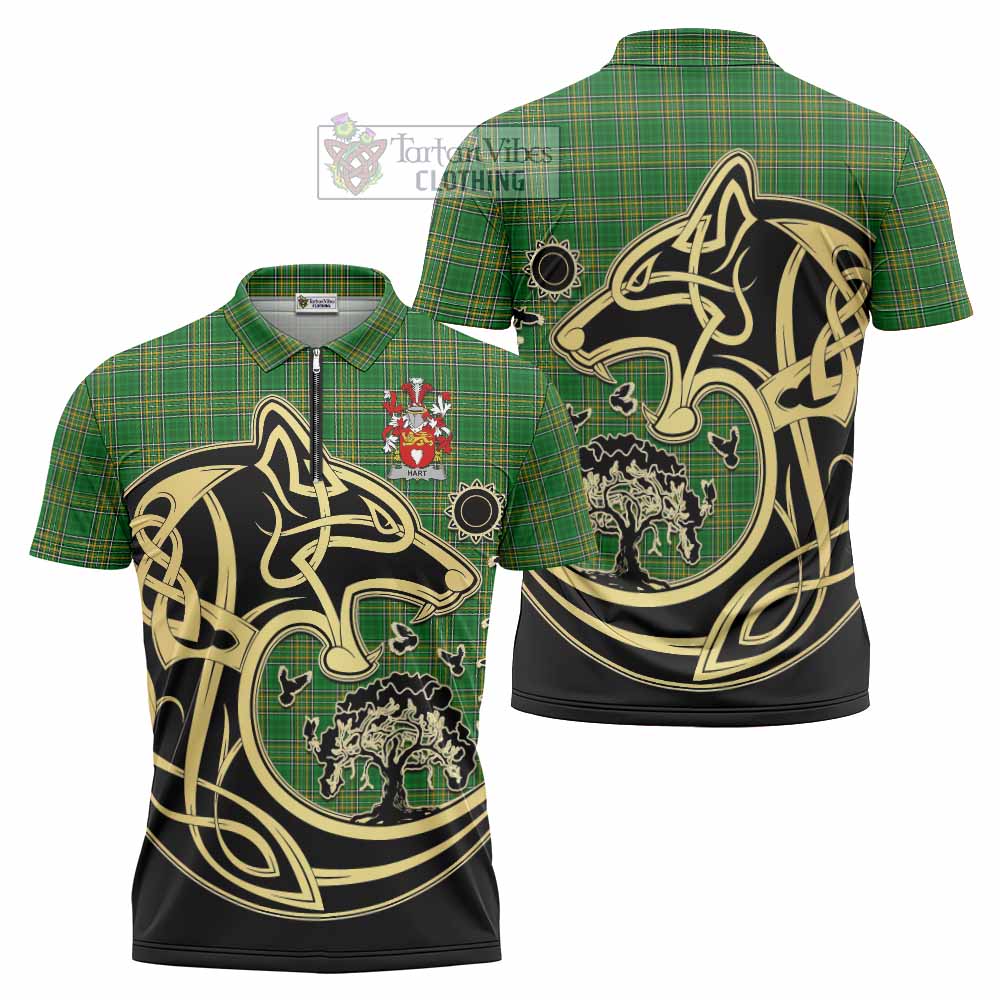 Tartan Vibes Clothing Hart Irish Tartan Zipper Polo Shirt with Coat of Arms Celtic Wolf Style
