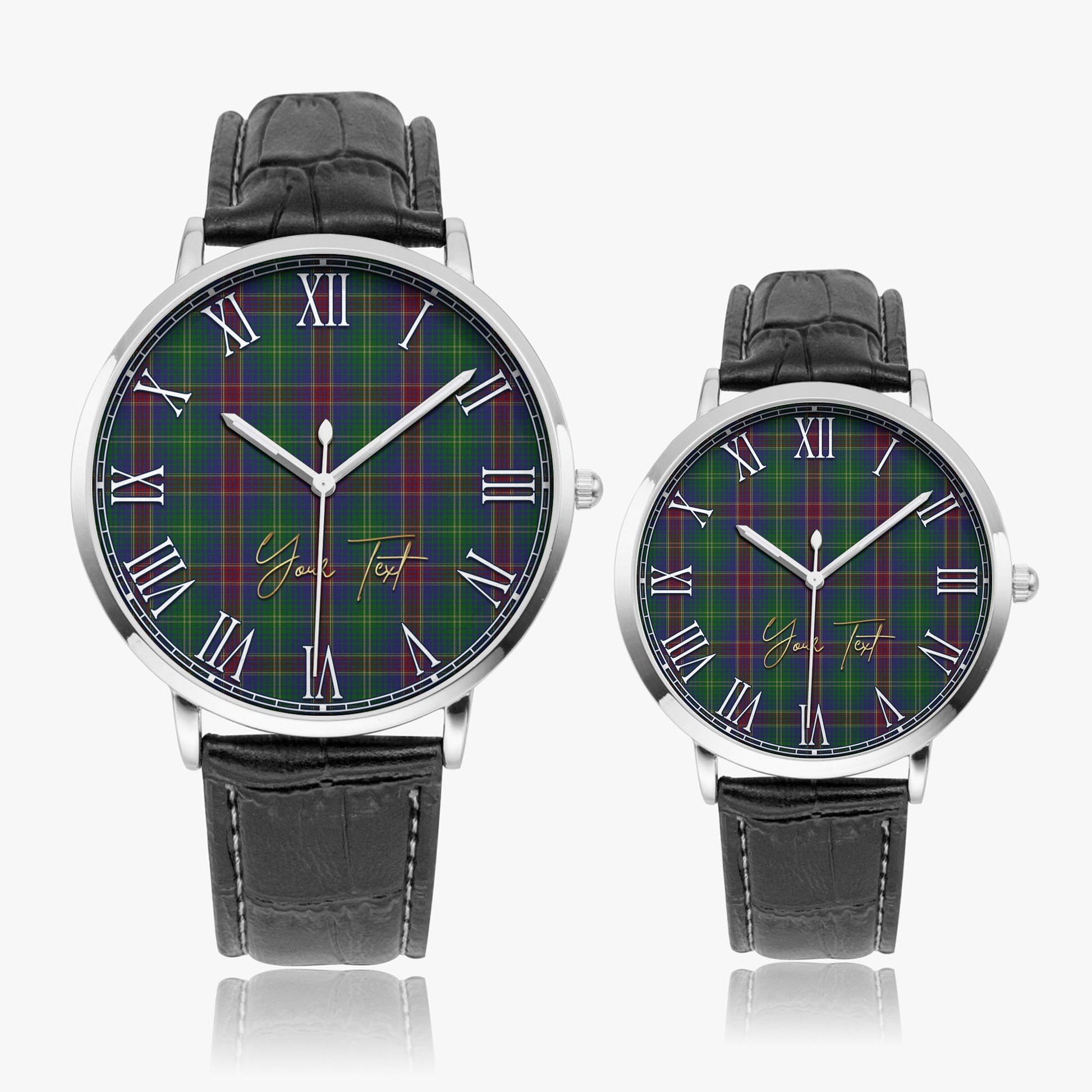 Hart of Scotland Tartan Personalized Your Text Leather Trap Quartz Watch Ultra Thin Silver Case With Black Leather Strap - Tartanvibesclothing