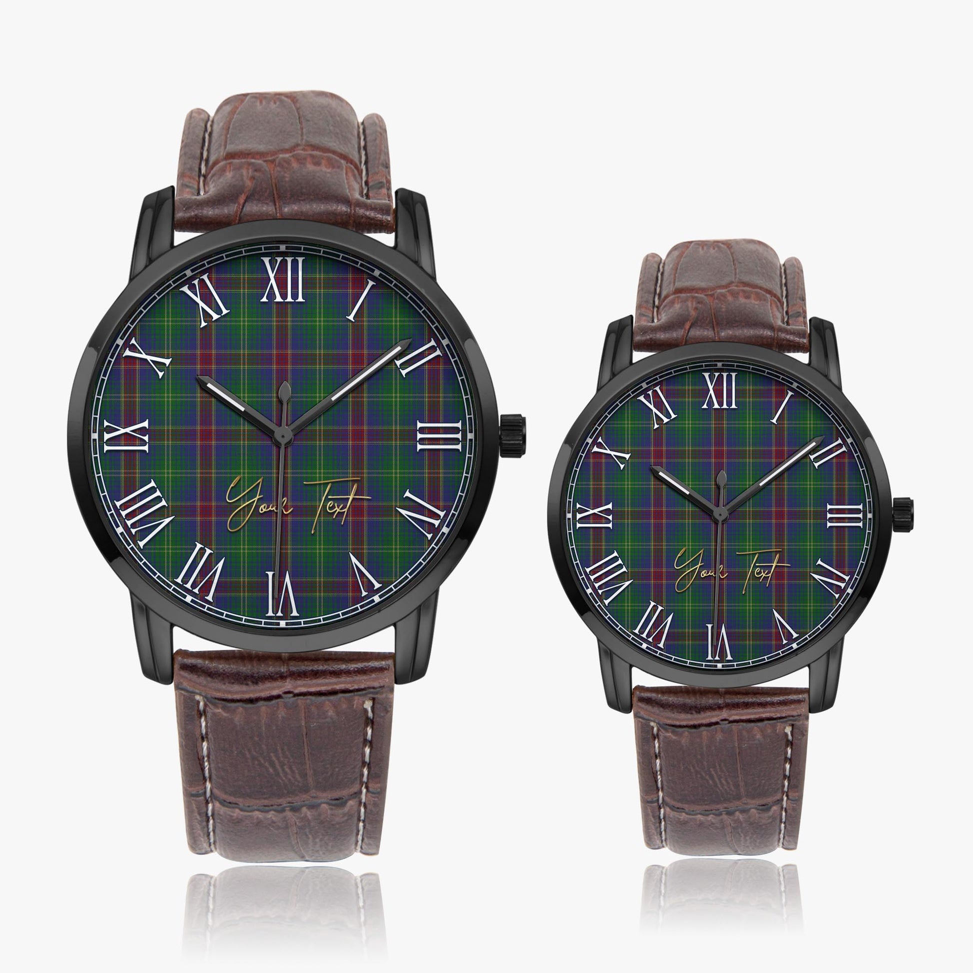 Hart of Scotland Tartan Personalized Your Text Leather Trap Quartz Watch Wide Type Black Case With Brown Leather Strap - Tartanvibesclothing