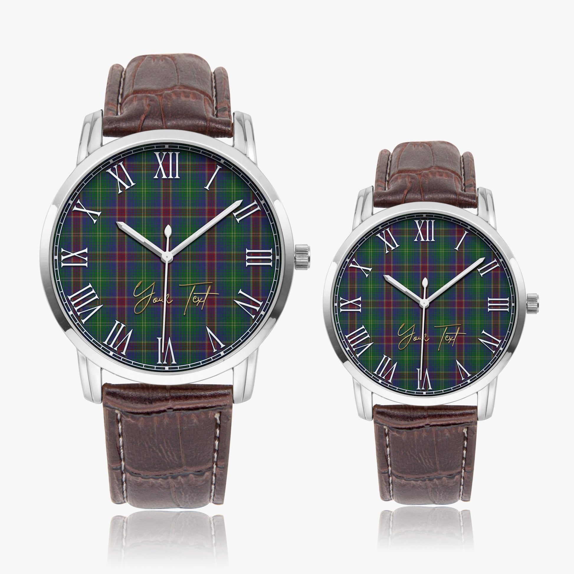 Hart of Scotland Tartan Personalized Your Text Leather Trap Quartz Watch Wide Type Silver Case With Brown Leather Strap - Tartanvibesclothing