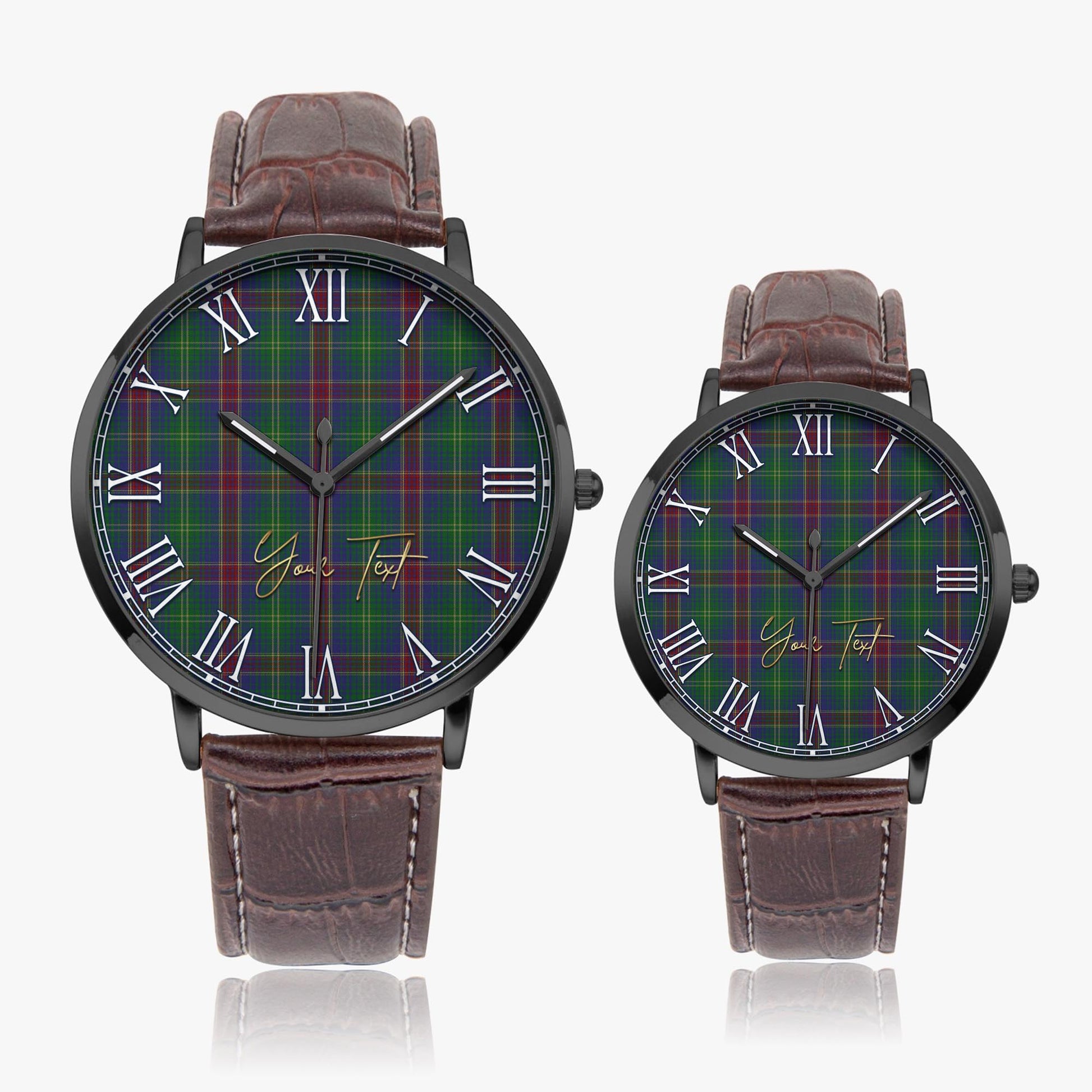 Hart of Scotland Tartan Personalized Your Text Leather Trap Quartz Watch Ultra Thin Black Case With Brown Leather Strap - Tartanvibesclothing