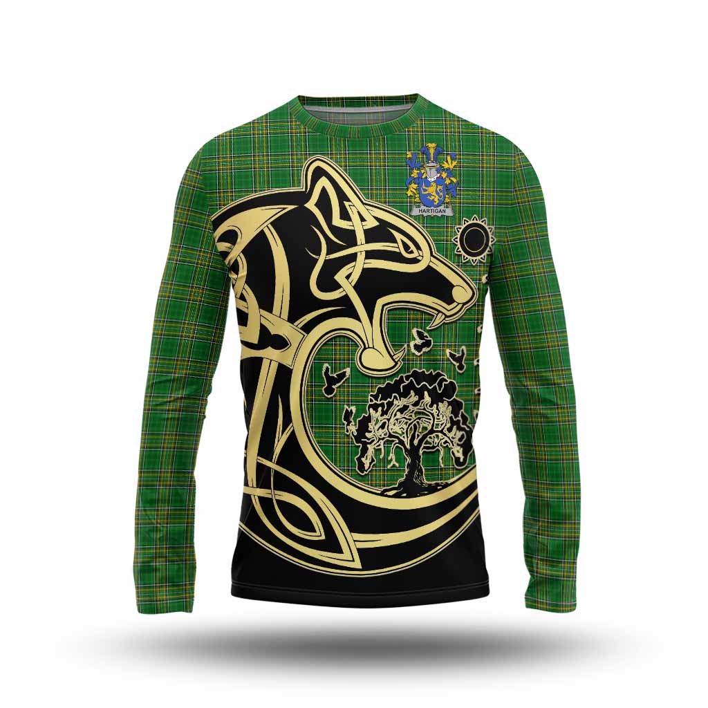 Tartan Vibes Clothing Hartigan Irish Tartan Long Sleeve T-Shirt with Coat of Arms Celtic Wolf Style