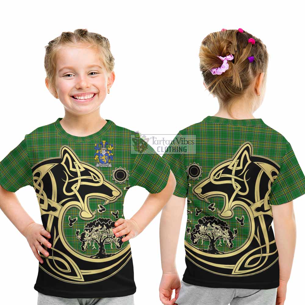 Tartan Vibes Clothing Hartigan Irish Tartan Kid T-Shirt with Coat of Arms Celtic Wolf Style