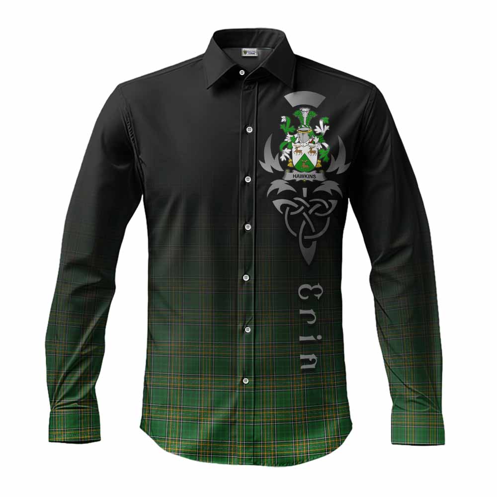 Hawkins Irish Clan Long Sleeve Button Shirt with Coat of Arms Erin Go Bragh Celtic Inspired Men's Shirt S - Tartan Vibes Clothing