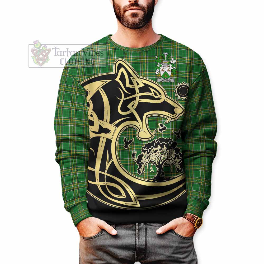 Tartan Vibes Clothing Hawkins Irish Tartan Sweatshirt with Coat of Arms Celtic Wolf Style