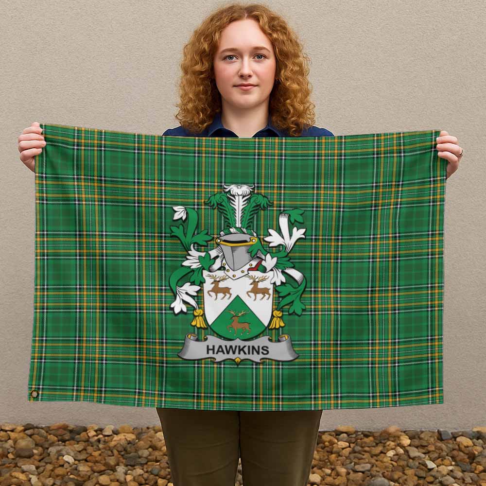 Tartan Vibes Clothing Hawkins Irish Clan Tartan House Flag with Coat of Arms