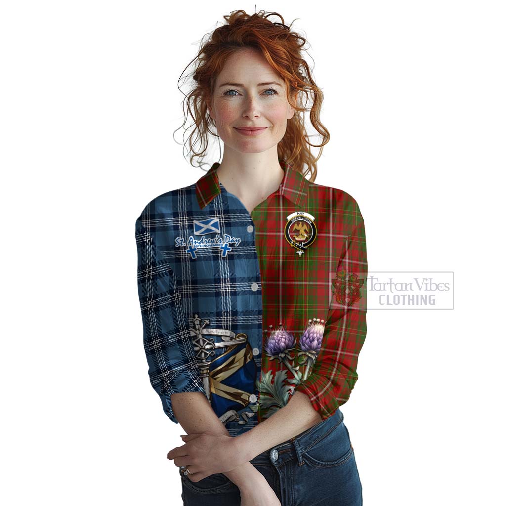 Tartan Vibes Clothing Hay Tartan Women's Casual Shirt Happy St. Andrew's Day Half Tartan Style