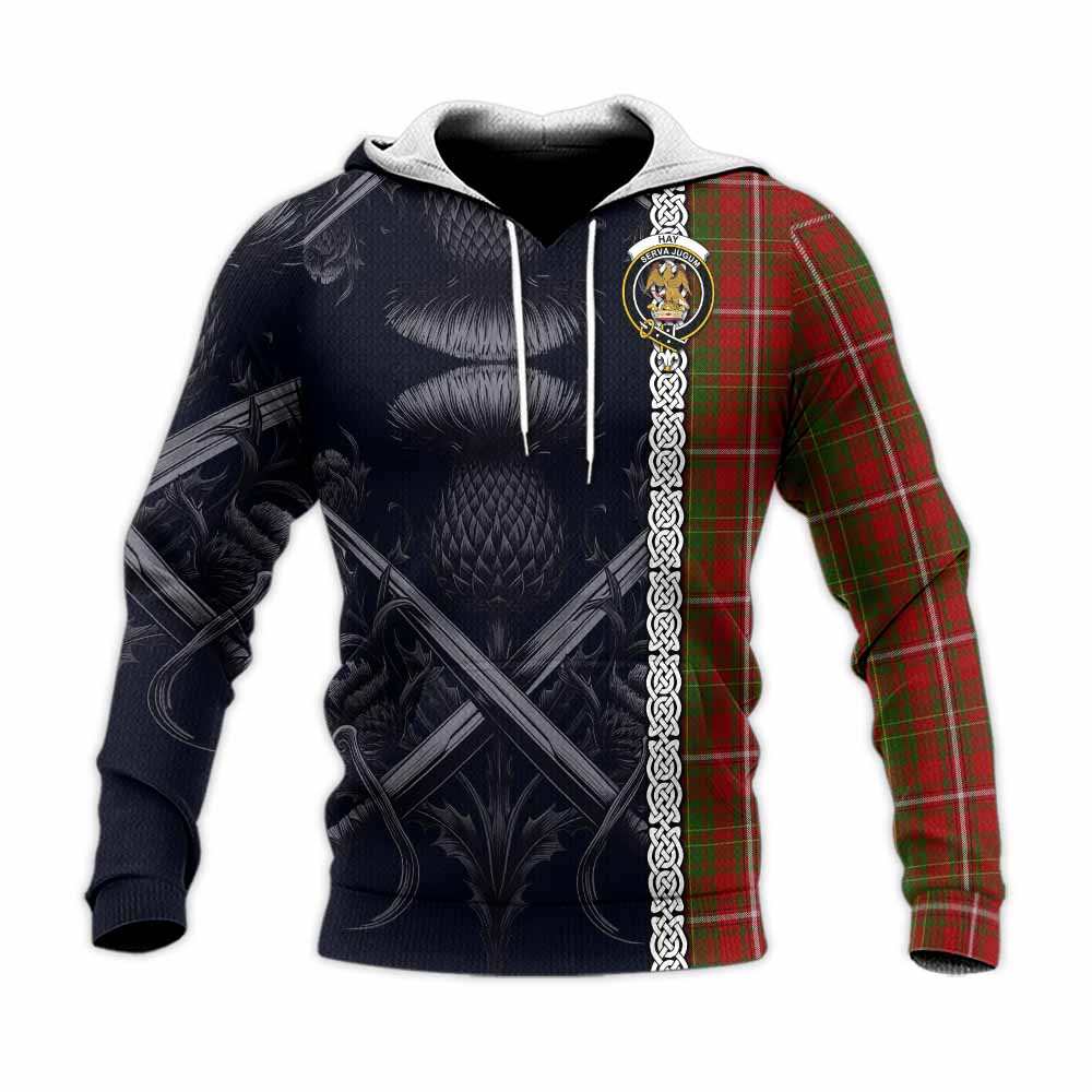 Tartan Vibes Clothing Hay Tartan Knitted Hoodie with Family Crest Cross Sword Thistle Celtic Vibes