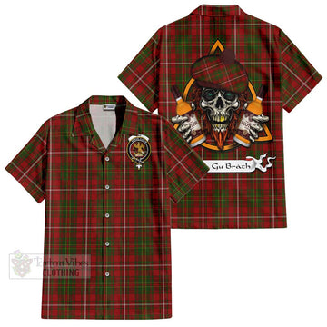 Tartan Vibes Clothing Hay Tartan Short Sleeve Button Shirt with Family Crest and Bearded Skull Holding Bottles of Whiskey
