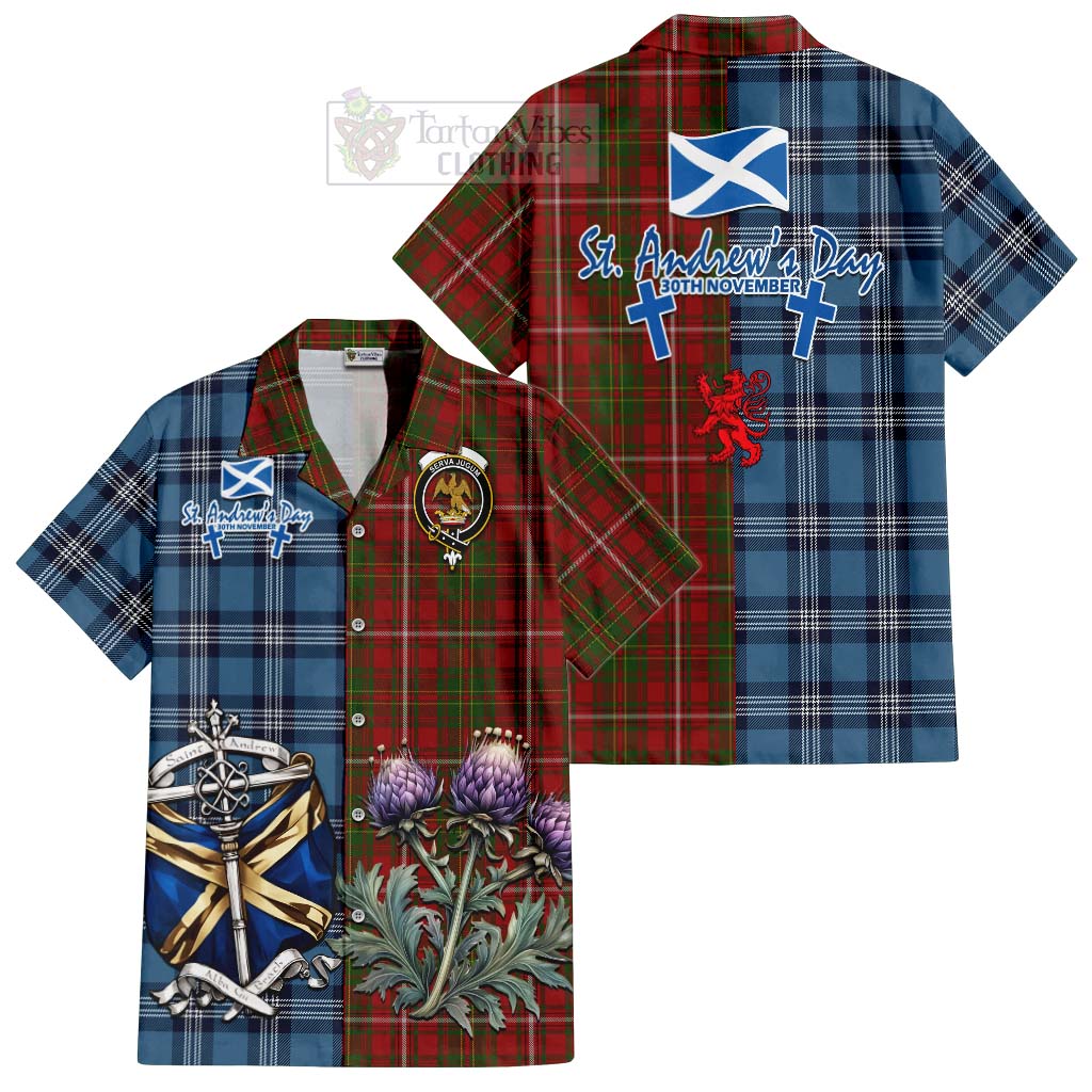 Tartan Vibes Clothing Hay Tartan Short Sleeve Button Shirt Happy St. Andrew's Day Half Tartan Style