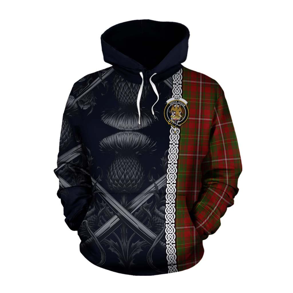 Tartan Vibes Clothing Hay Tartan Cotton Hoodie with Family Crest Cross Sword Thistle Celtic Vibes