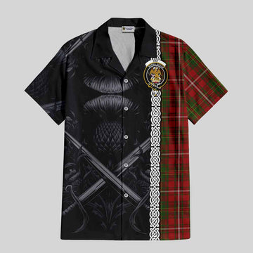 Tartan Vibes Clothing Hay Tartan Short Sleeve Button Shirt with Family Crest Cross Sword Thistle Celtic Vibes