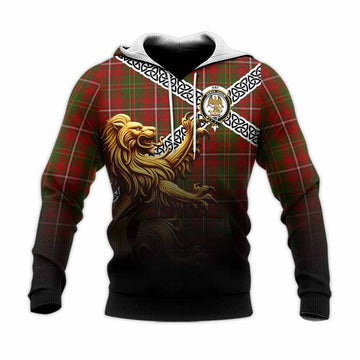 Hay Crest Tartan Knitted Hoodie with Golden Lion Emblem Celtic Style